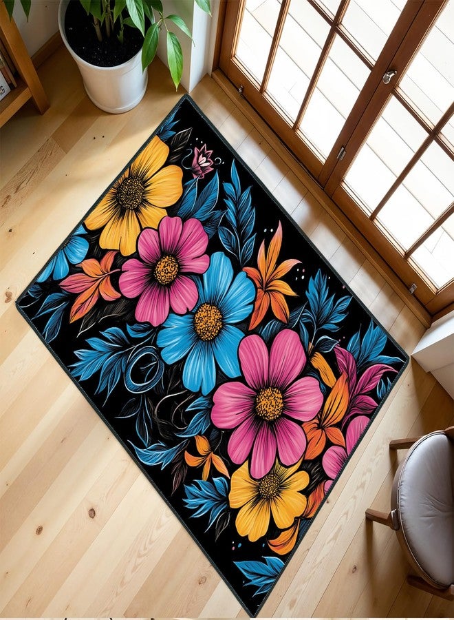 THISFIND Floral Washable Entry Rug, 2x3 Small Rugs for Entryway Kitchen Bathroom Door Mat Indoor Entrance, Boho Carpet Carpet Non Slip Doormat Low Pile Flower Area Rugs (Floral-3, 2'x3') - Image 1